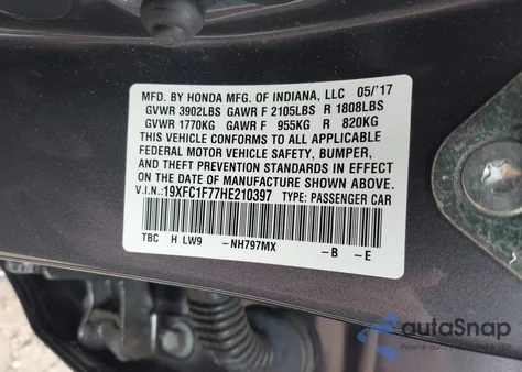 2017 Honda Civic Ex-L z USA, uszkodzony, nr VIN 19XFC1F77HE210397